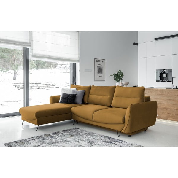 Žlutá sametová rozkládací/s úložným prostorem rohová pohovka (levý roh/s lenoškou) Silva – ELTAP-image-1