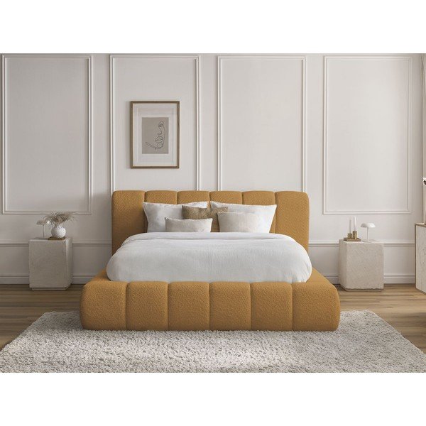 Čalouněná dvoulůžková postel v hořčicové barvě s úložným prostorem s roštem 160x200 cm Denali – Bobochic Paris-image-1