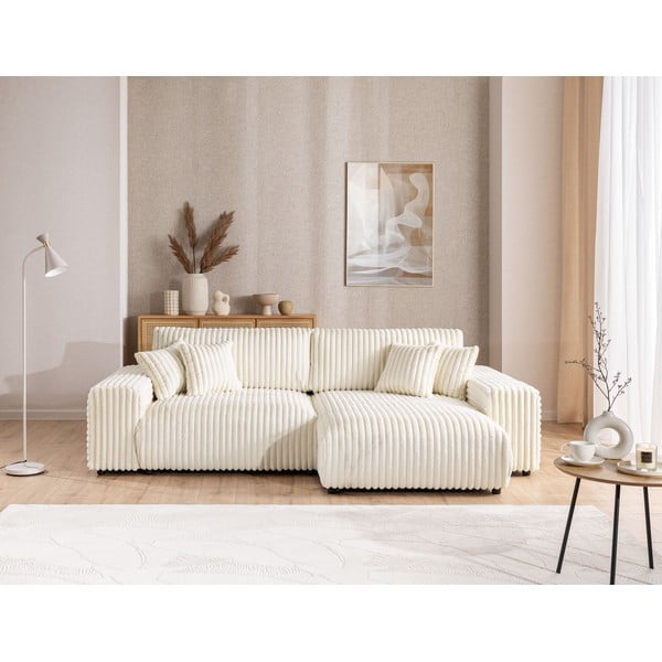 Krémová manšestrová rozkládací/s úložným prostorem rohová pohovka (pravý roh) Sarina – Ropez-image-1