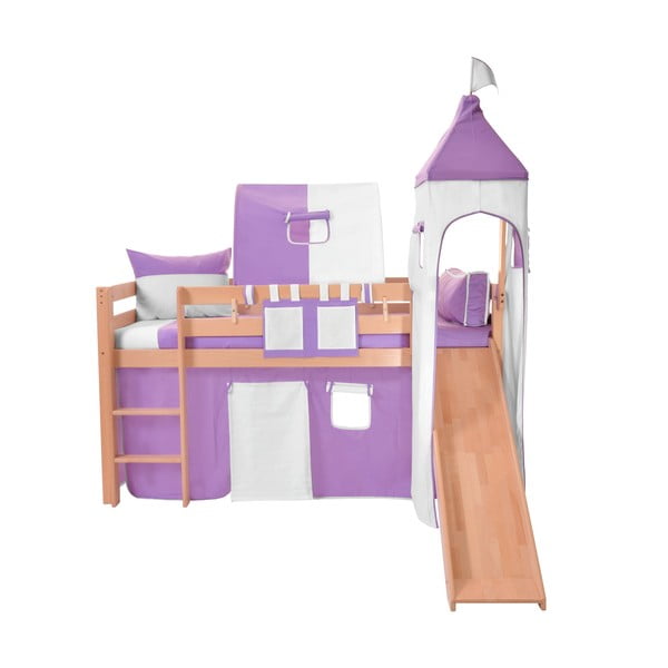 Dětská patrová postel se skluzavkou a fialovo-bílým hradním bavlněným setem Mobi furniture Tom, 200 x 90 cm