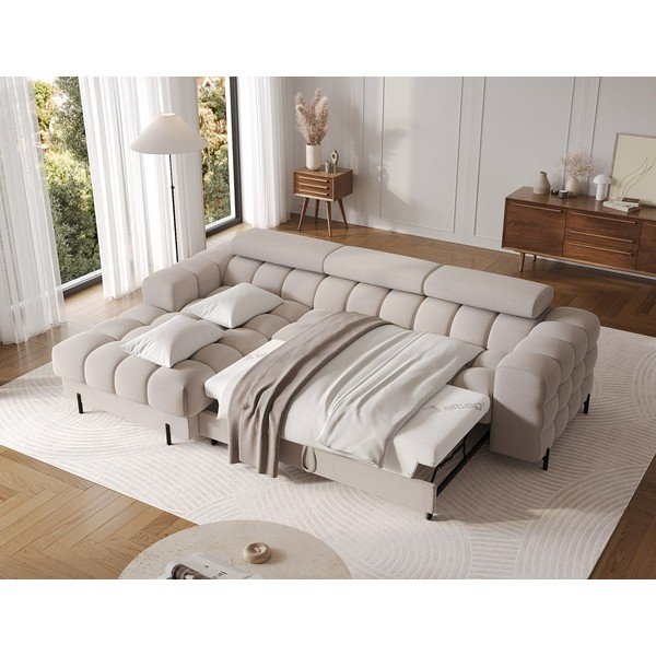 Béžová sametová rozkládací/s úložným prostorem rohová pohovka (levý roh/s lenoškou) Felro – ELTAP-image-4