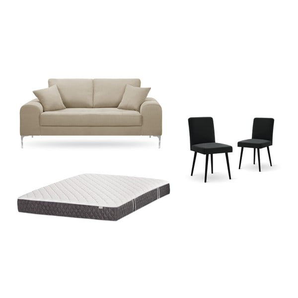 Set dvoumístné šedobéžové pohovky, 2 černých židlí a matrace 140 x 200 cm Home Essentials