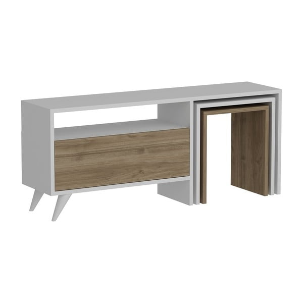 Bílý TV stolek s dubovým dekorem Mobito Design Logy