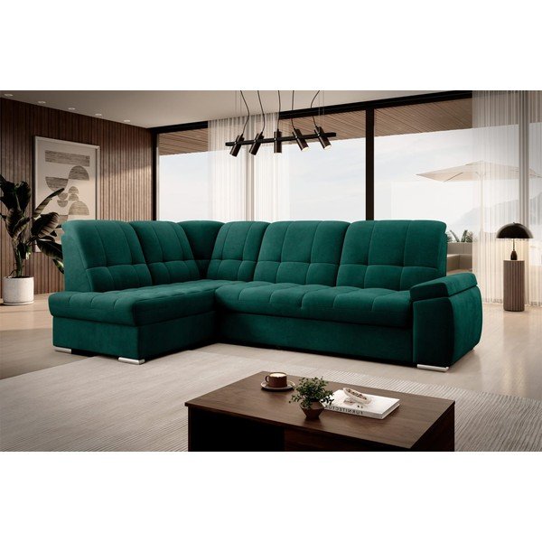 Zelená sametová rozkládací/s úložným prostorem rohová pohovka (levý roh/do L) Sado – ELTAP-image-4