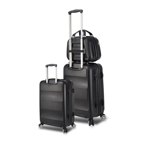 Sada 2 černých cestovních kufrů na kolečkách s USB porty a příručního kufříku My Valice LASSO Cab Med & MU