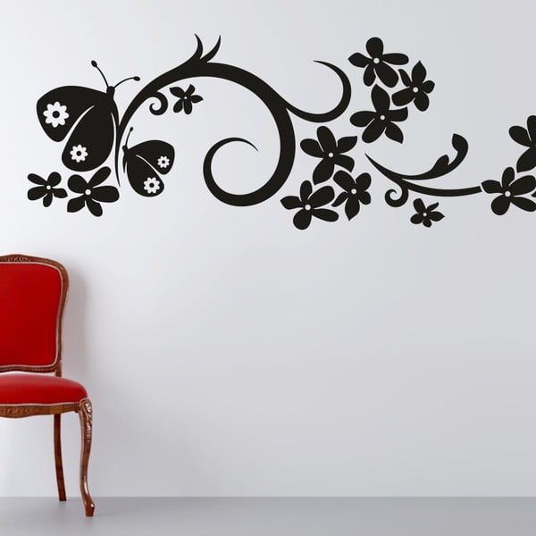Samolepka na stěnu Ornament s květy a motýly, černá