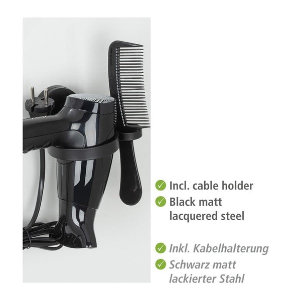 Černý nástěnný držák na fén Wenko Static-Loc® Pavia-image-1