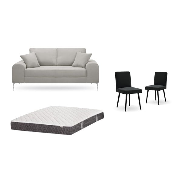 Set dvoumístné světle šedé pohovky, 2 černých židlí a matrace 140 x 200 cm Home Essentials