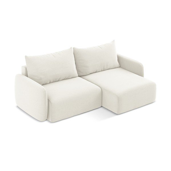 Krémová sametová rozkládací/s úložným prostorem rohová pohovka (pravý roh/s lenoškou) Kalena – Makamii-image-3