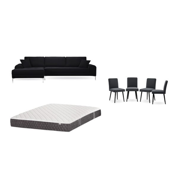 Set černé pohovky s lenoškou vlevo, 4 antracitově šedých židlí a matrace 160 x 200 cm Home Essentials