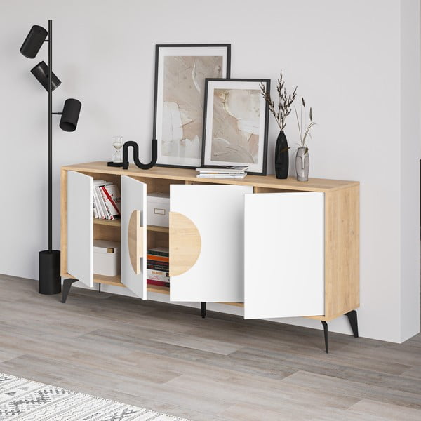 Nízká komoda v dekoru dubu v bílo-přírodní barvě 180x82 cm Vae – Marckeric-image-2