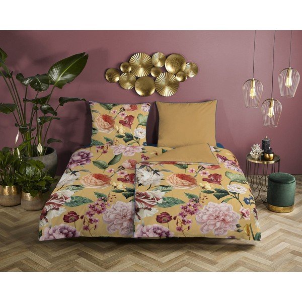 Žluté povlečení na jednolůžko z organické bavlny Descanso Flowery, 140 x 200 cm-image-1