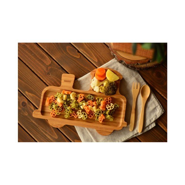 Set dětského talíře ve tvaru vláčku a příborů z bambusového dřeva Bambum-image-1