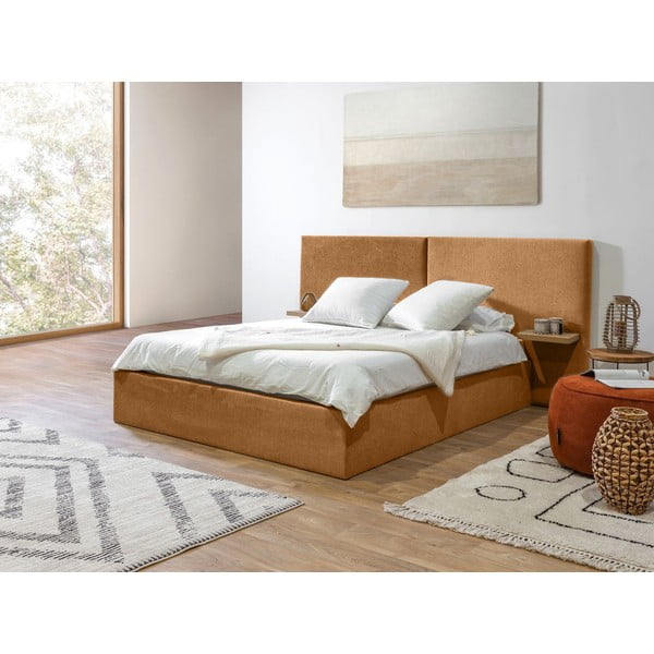 Okrově žlutá čalouněná dvoulůžková postel s úložným prostorem a roštem 160x200 cm Blandine – Bobochic Paris-image-2