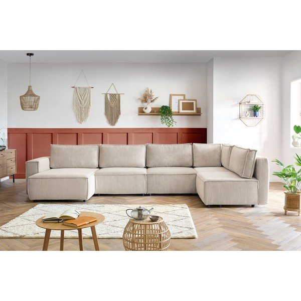 Krémová manšestrová rohová pohovka do "U", pravý roh Nihad modular – Bobochic Paris-image-1