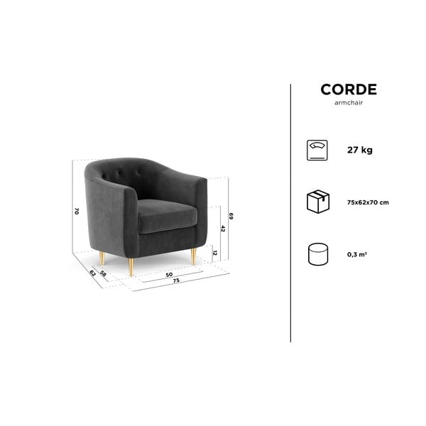 Tmavě šedá sametové křeslo Kooko Home Corde-image-4
