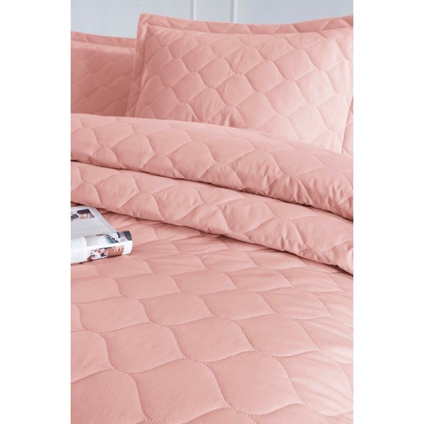 Růžový přehoz přes postel s povlakem na polštář z ranforce bavlny EnLora Home Fresh, 180 x 225 cm-image-1