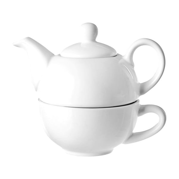 Set bílé kameninové konvičky, hrnečku a sítka na čaj Unimasa Tea