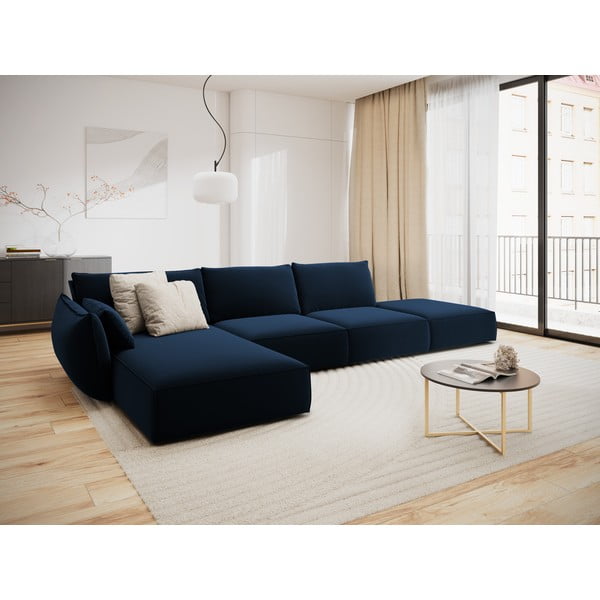 Tmavě modrá sametová rohová pohovka (levý roh/s lenoškou) Vanda – Mazzini Sofas-image-1