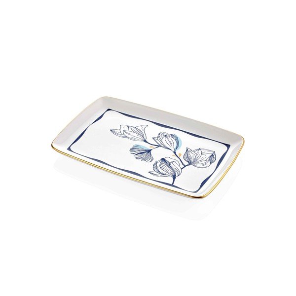Bílý porcelánový servírovací talíř s modrými květy Mia Bleu, 34 x 25 cm