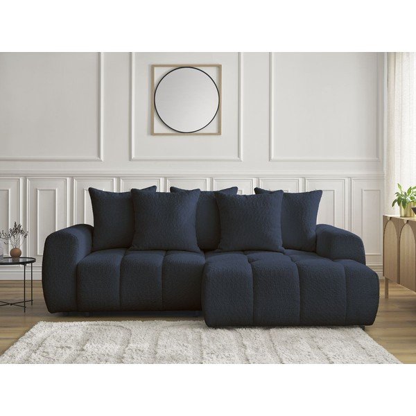 Modrá rozkládací/s úložným prostorem rohová pohovka z textilie bouclé (pravý roh/s lenoškou) Roxelane – Bobochic Paris-image-1