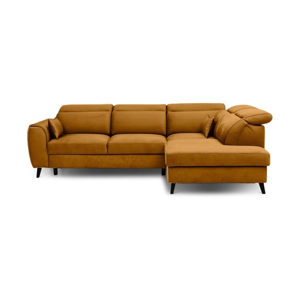 Žlutá sametová rozkládací/s úložným prostorem rohová pohovka (pravý roh/do L) Noble – ELTAP