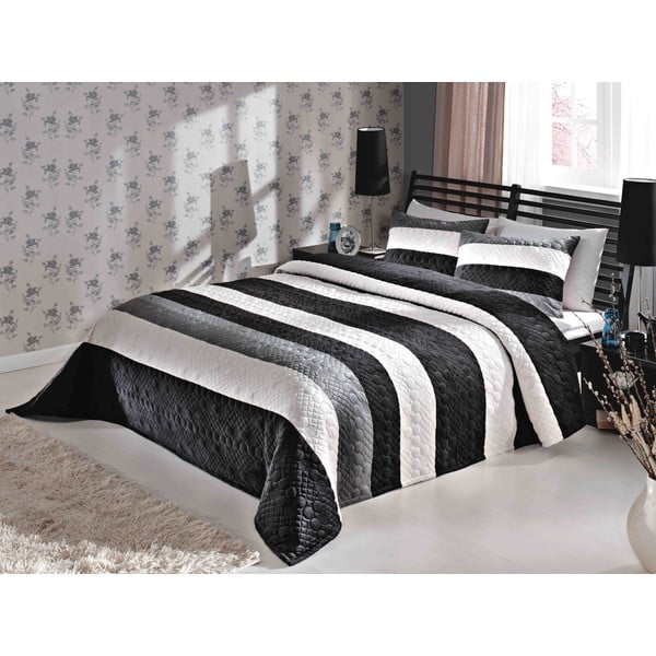 Přehoz přes postel se dvěma polštáři Black and Grey, 260 x 250 cm
