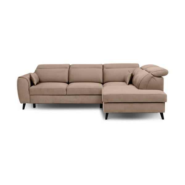 Světle hnědá sametová rozkládací/s úložným prostorem rohová pohovka (pravý roh/do L) Noble – ELTAP