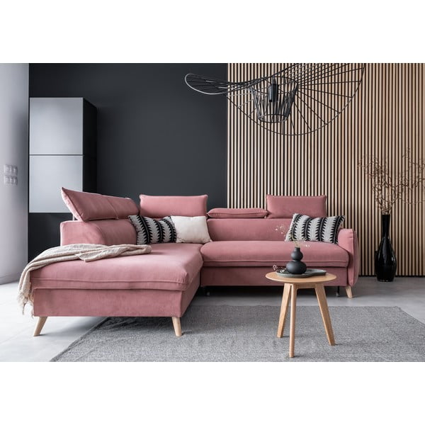 Světle růžová sametová rozkládací rohová pohovka (levý roh) Sweet Harmony – Miuform-image-1