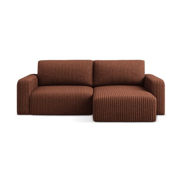 Manšestrová rozkládací/s úložným prostorem rohová pohovka v terakotové barvě (pravý roh/s lenoškou) Kona – Makamii