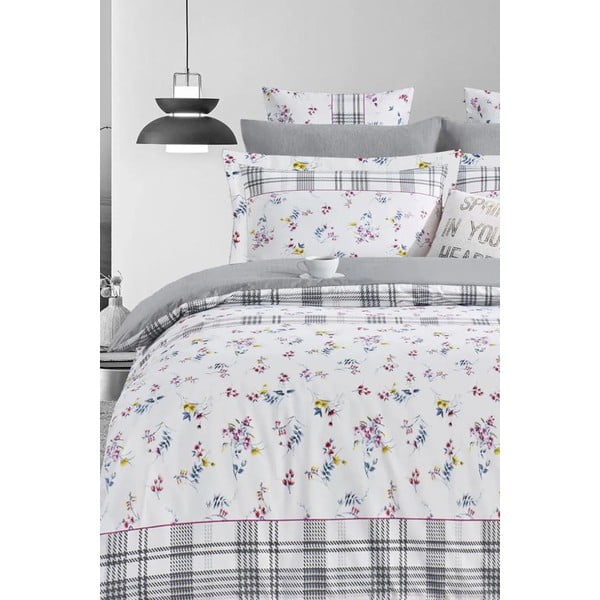 Bílo-šedé prodloužené povlečení na dvoulůžko z bavlny Renforcé s prostěradlem/4dílné 200x220 cm – Mila Home-image-1