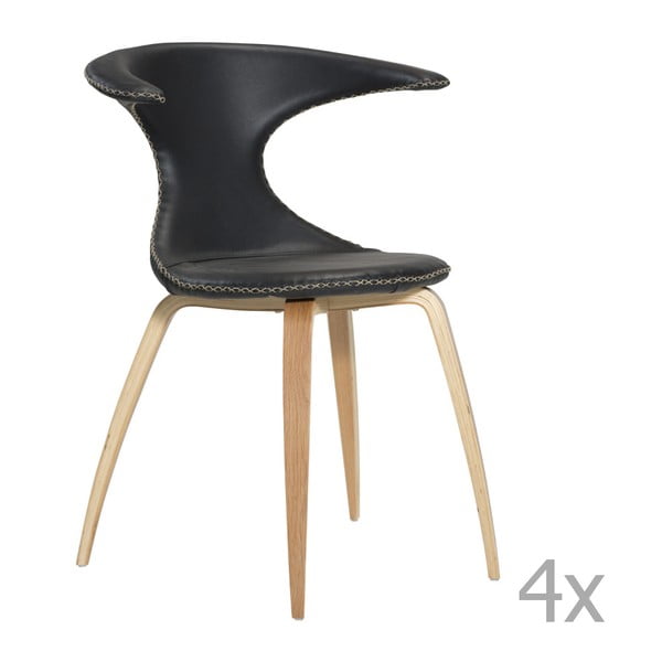 Sada 4 černých kožených jídelních židlí s přírodním podnožím DAN– FORM Flair