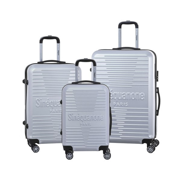 Sada 3 cestovních kufrů ve stříbrné barvě na kolečkách se zámkem SINEQUANONE