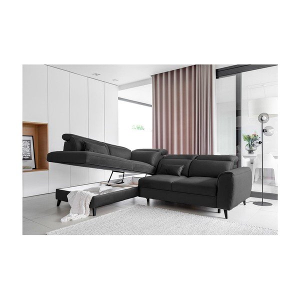 Tmavě šedá sametová rozkládací/s úložným prostorem rohová pohovka (levý roh/do L) Noble – ELTAP-image-3