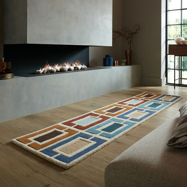Modro-oranžový ručně tkaný vlněný běhoun 60x230 cm Retro Blocks – Flair Rugs-image-1