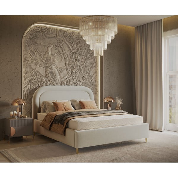 Krémová čalouněná dvoulůžková postel s úložným prostorem s roštem 140x200 cm Mija – Maison de Rêve-image-1