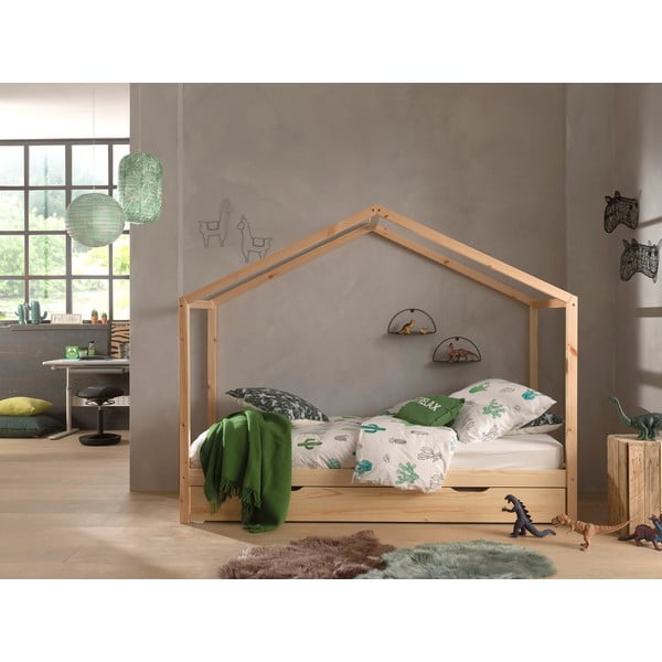 Domečková dětská postel z borovicového dřeva s výsuvným lůžkem a úložným prostorem v přírodní barvě 90x200 cm DALLAS – Vipack-image-1