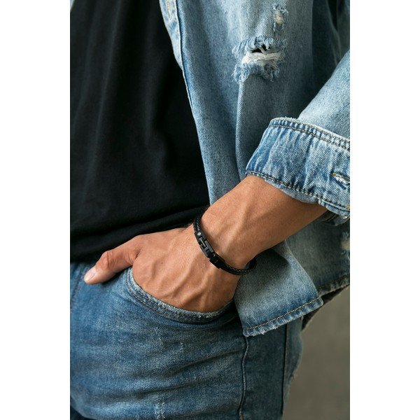 Pánský černý náramek z pravé kůže Monomen Double Braid-image-1