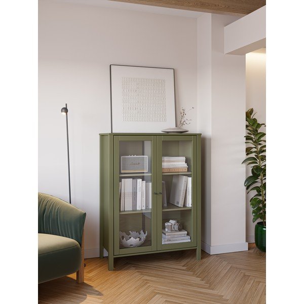 Zelená vitrína z borovicového dřeva 90x120x40 cm Alessandra – Marckeric-image-1