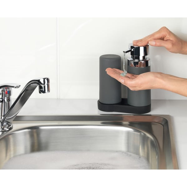 Sada 2 šedých zásobníků na mycí prostředek s podtáckem Wenko Squeeze, 250 ml-image-3