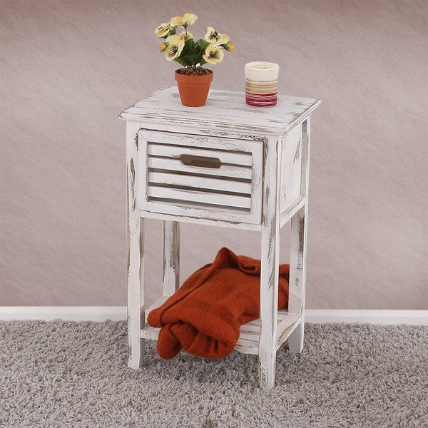 Bílý dřevěný noční stolek na nožičkách Mendler Shabby-image-1
