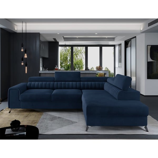 Modrá sametová rozkládací/s úložným prostorem rohová pohovka (pravý roh/do L) Laurence – ELTAP-image-1