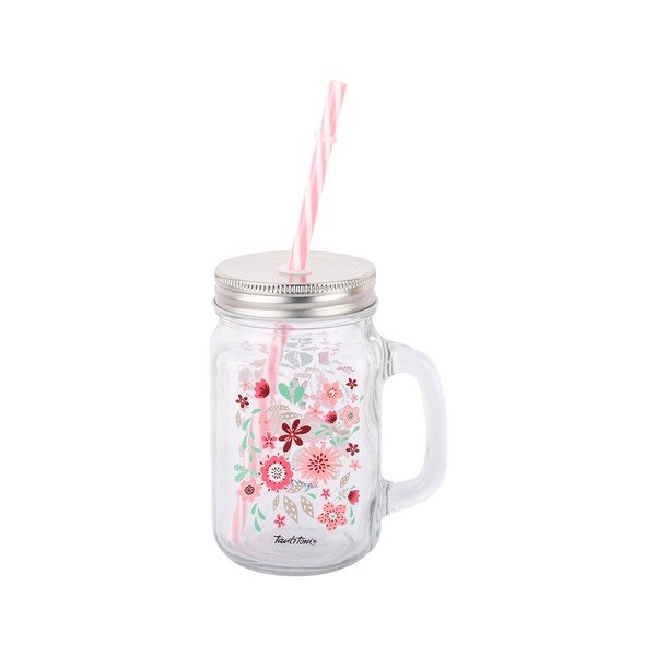 Skleněná mason jar s brčkem Tantitoni Blossom, 475 ml