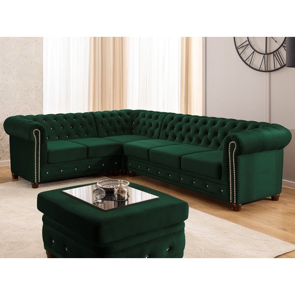 Zelená sametová rozkládací rohová pohovka (levý roh/do L) York Blik – Ropez-image-1