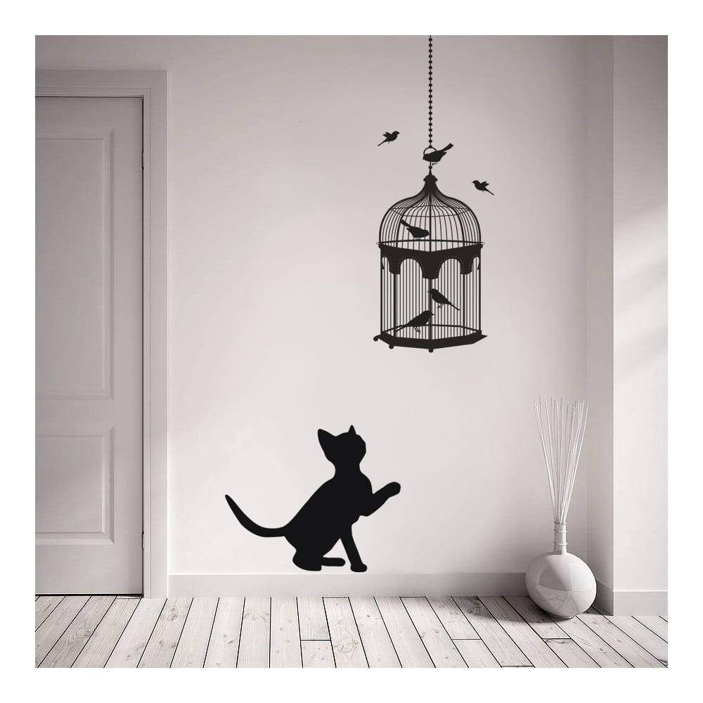 Samolepka na stěnu Kočka a ptáci, 70x50 cm