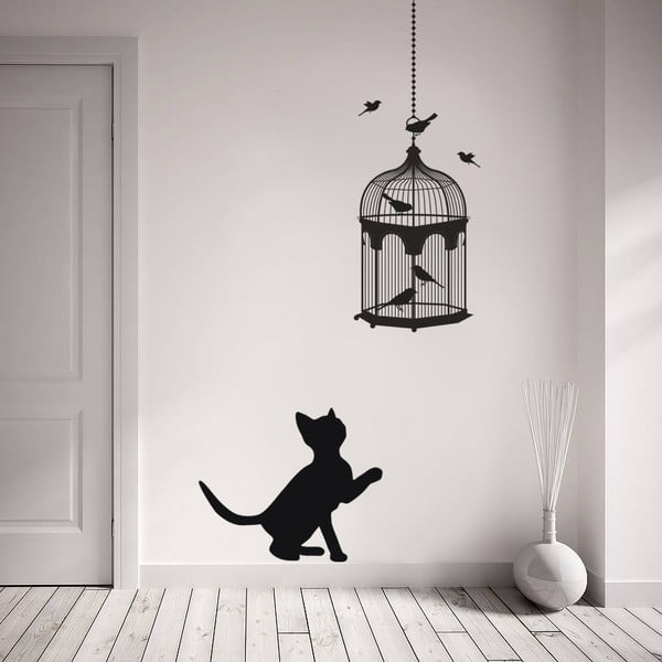 Samolepka na stěnu Kočka a ptáci, 70x50 cm