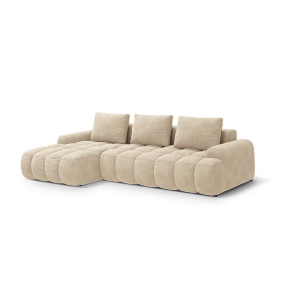 Béžová sametová rozkládací/s úložným prostorem rohová pohovka (levý roh/s lenoškou) Linz – Cosmopolitan Design-image-2