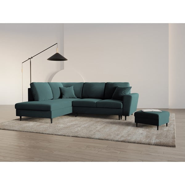 Sametová rozkládací/s úložným prostorem rohová pohovka v petrolejové barvě (levý roh/do L) Kyoto – Cosmopolitan Design-image-2