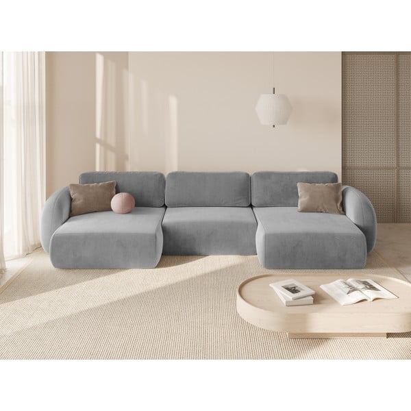 Světle šedá sametová rozkládací/s úložným prostorem rohová pohovka (do "U") Tonale – Cosmopolitan Design-image-1