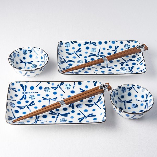 6dílný set modro-bílého keramického nádobí na sushi MIJ Blue Dragonfly-image-1